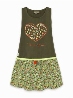 Girls Olive Green Heart Print Casual Dress